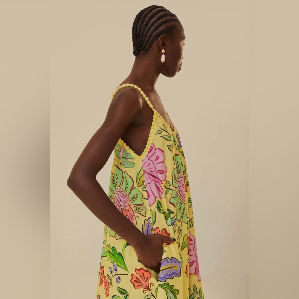 Farm Rio Yellow Floral Insects Flowy Maxi Dress Size Small Sleeveless NWT - Picture 3 of 15